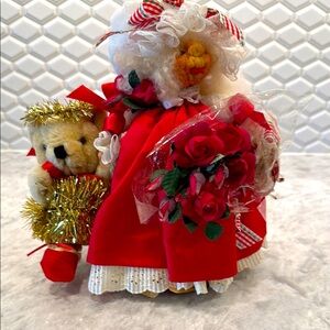 Vintage Apple Face Holiday Red and White Doll for the holidays with Teddy Bear.